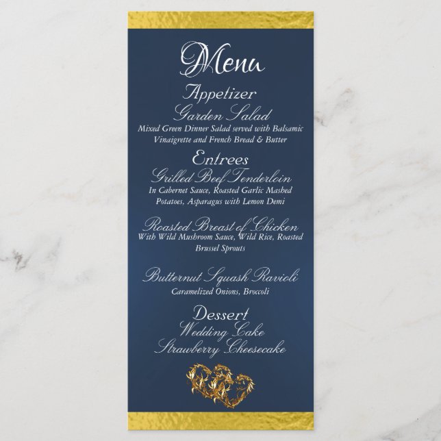 Hearts & Monogram - Blue/Gold Wedding Menu (Front)