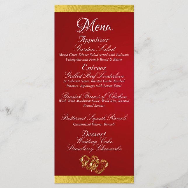 Hearts & Monogram - Crimson Red/Gold Wedding Menu (Front)