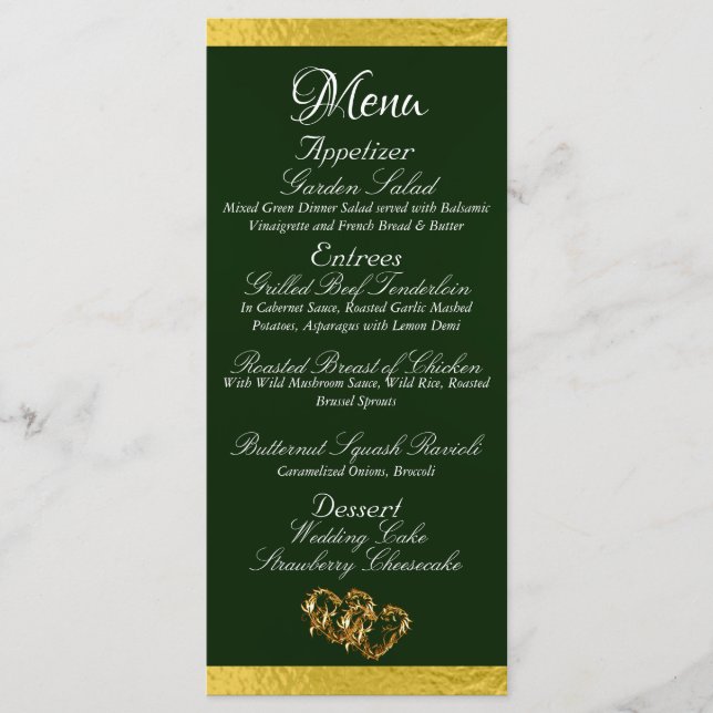 Hearts & Monogram - Emerald/Gold Wedding Menu (Front)