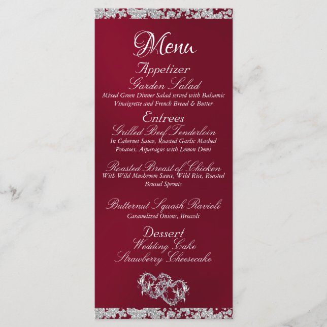 Hearts, Monogram & Glitter - Burgundy Wedding Menu (Front)