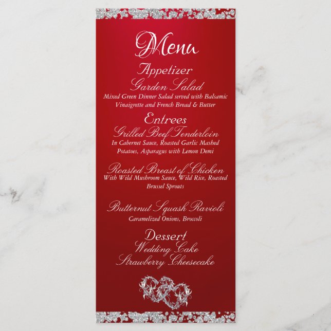 Hearts, Monogram & Glitter - Crimson Wedding Menu (Front)