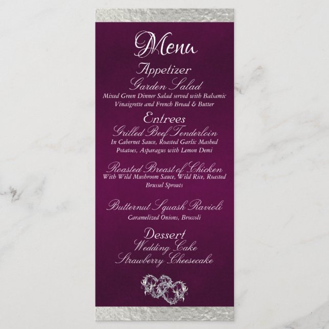 Hearts & Monogram - Purple/Silver Wedding Menu (Front)
