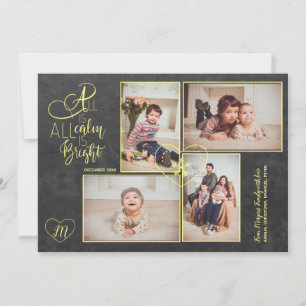 Hearts monogrammed 4 photos Christmas gold script Holiday Card