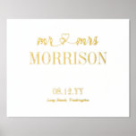Hearts Mr & Mrs Last Name Wedding Date<br><div class="desc">Romantic wedding print with mr & mrs connected with interlocked hearts,  your shared last name in elegant tall letters,  your wedding date,  and wedding location,  all in gold foil on a white background.</div>