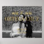 Hearts Mrs & Mrs Last Name Lesbian Wedding Photo Foil Prints<br><div class="desc">Romantic lesbian wedding print with mrs & mrs connected with interlocked hearts,  your shared last name in elegant tall letters,  your wedding date,  and wedding location,  all in gold foil against a wedding photo.</div>