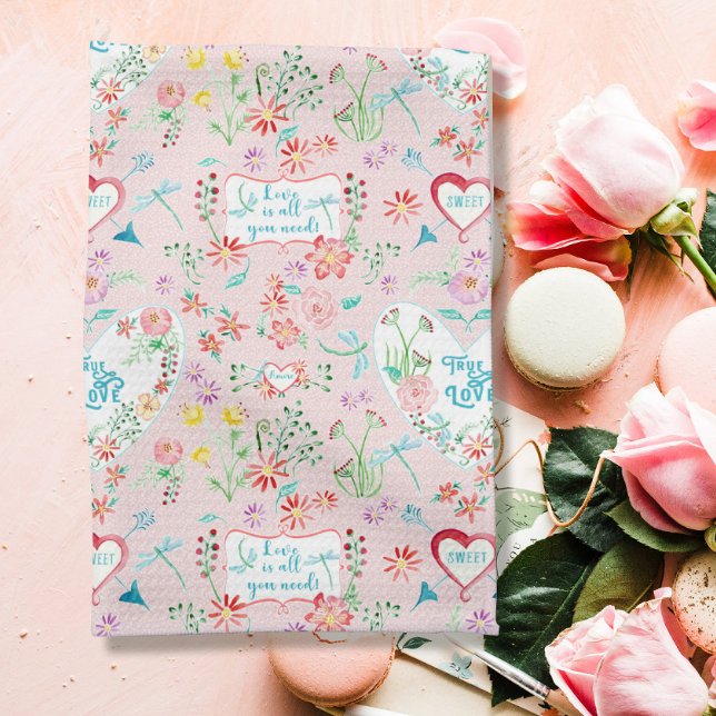 Hearts n Love Floral Dragonfly Valentines Day Tea Towel (Creator Uploaded)
