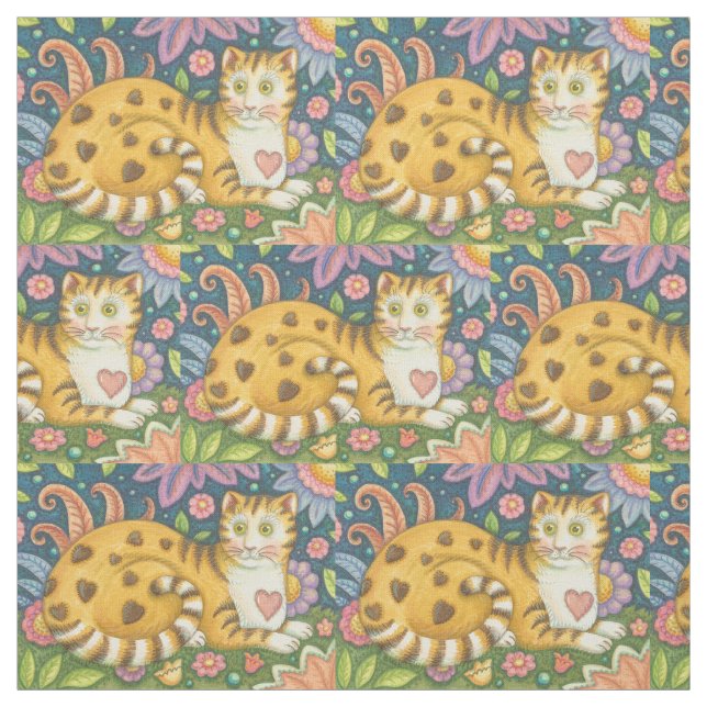 Hearts N' Stripes Tabby CAT FOLK ART FABRIC (Swatch)