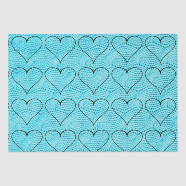 Hearts on Blue Cable Knit Tissue Paper (Front)