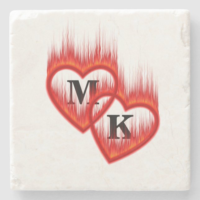 Hearts on Fire Double Monogram Valentine Stone Coaster (Front)