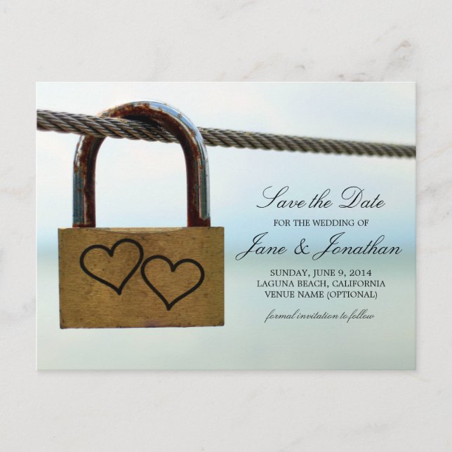 Hearts on Lock Wedding Save the Date Announcement Postcard (Front)