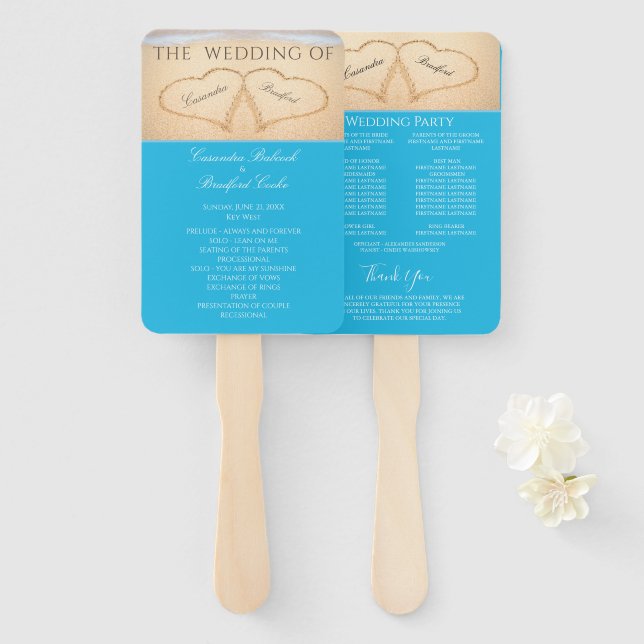 Hearts on the Beach Wedding ceremony program Hand Fan (Front and Back)