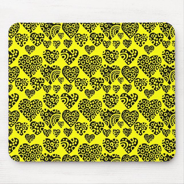 Hearts Pattern - Black on Yellow Mouse Pad (Front)