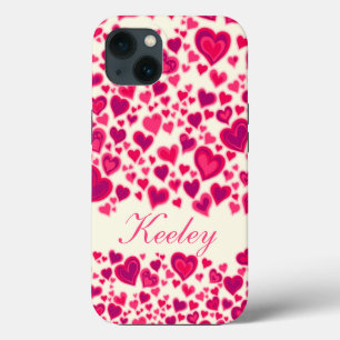 Hearts pattern hot pink & cream named iPhone 13 case