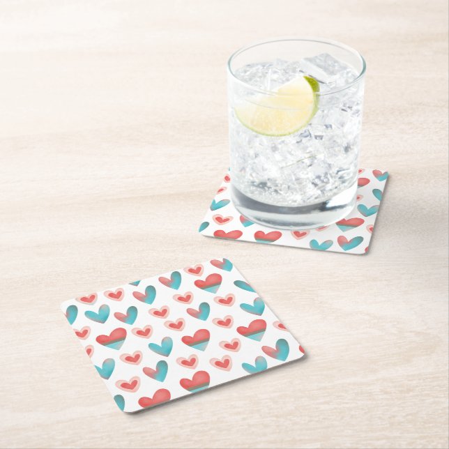 Hearts Pattern Square Paper Coaster (Insitu)