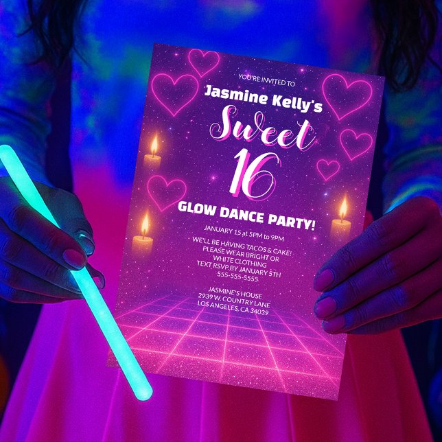 Hearts Pink and Purple Glow Party Sweet 16 Invitation (Creator Uploaded)