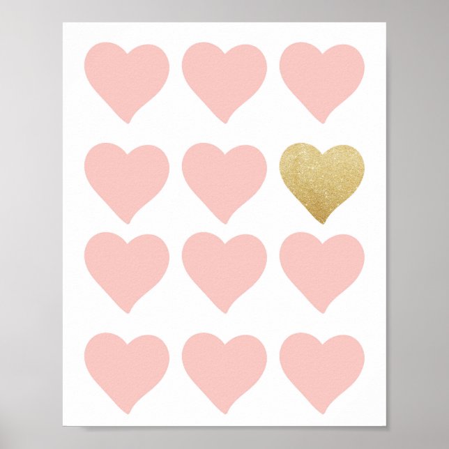 Hearts Pink Gold Glitter Baby Nursery Wall Art (Front)