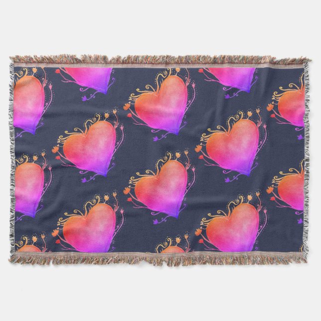 Hearts Pink Love Watercolor Art  Throw Blanket (Front)
