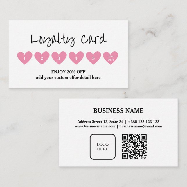 Hearts Pink Minimalistic QR Code Loyalty Card (Front/Back)