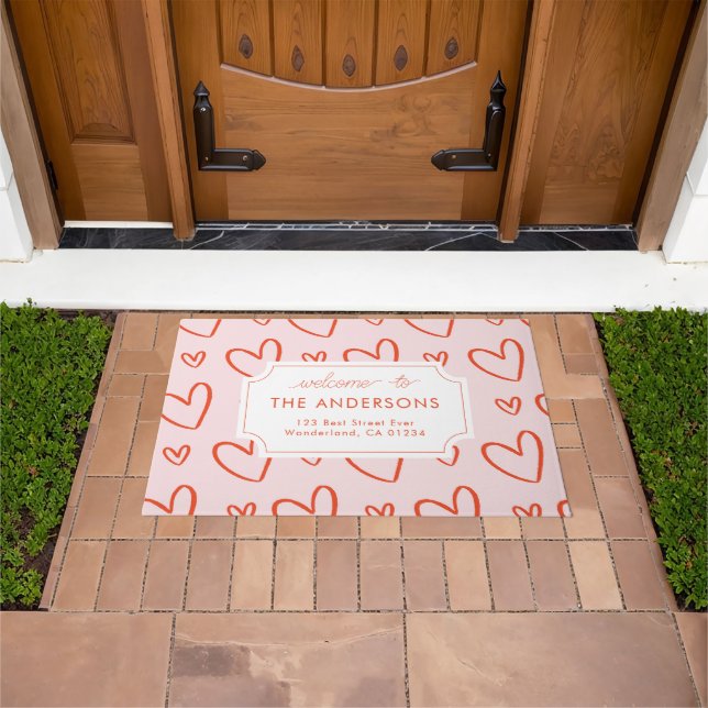 Hearts - pink & red family address doormat (Outdoor)
