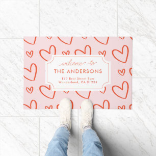Hearts - pink & red family address doormat