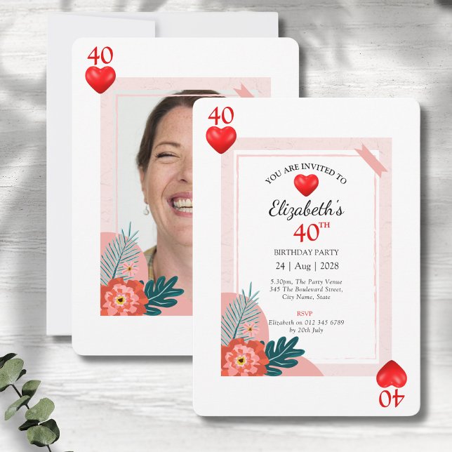 Hearts Playing Card 40th Birthday Party Invitation (40th birthday hearts playing card style party invitations showing front and rear on grey wood.)