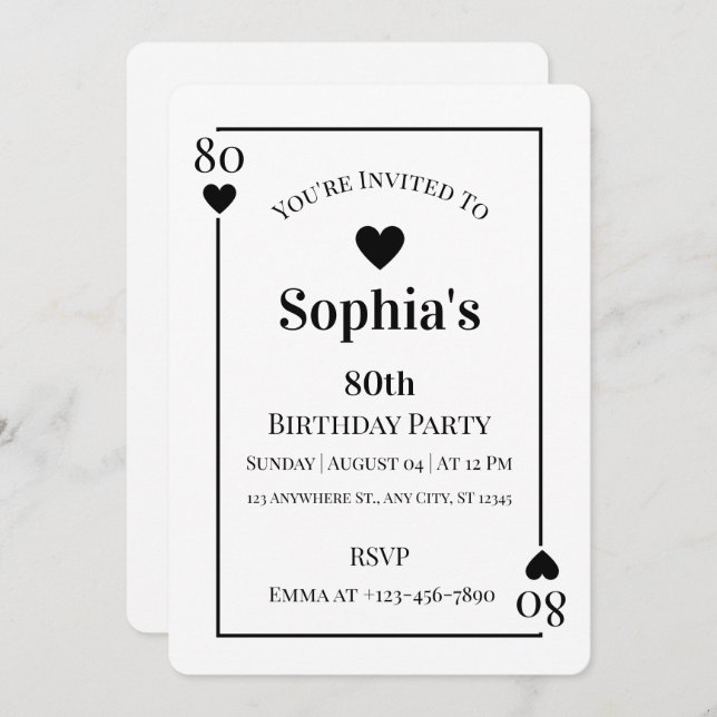 Hearts Playing Card 80th Birthday Party Invitation (Front/Back)