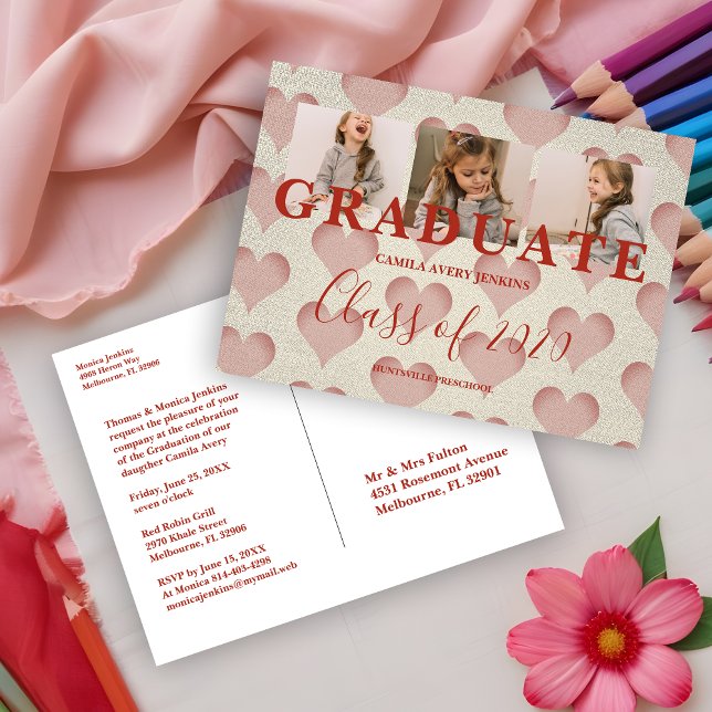 Hearts Pre-K Graduation 3 Photos Textile Texture Postcard (Hearts Pre-K Graduate Three Photos Textile Texture Invitation Post Card.)