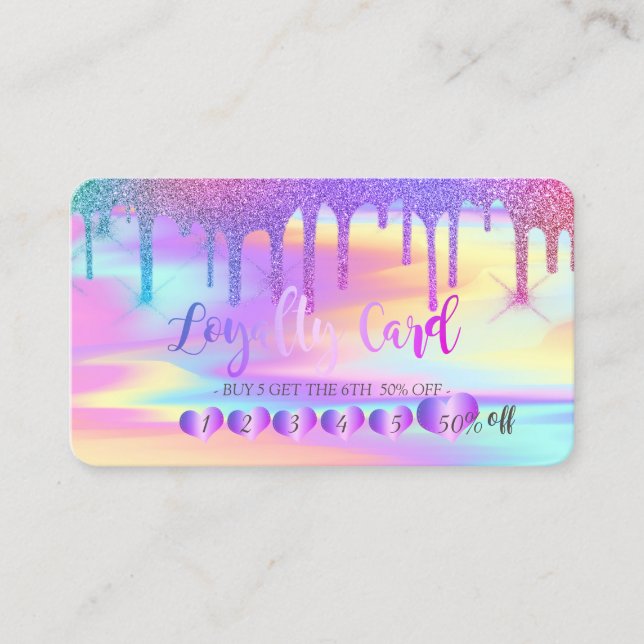 Hearts Rainbow Glitter Drips Holographic  Loyalty Card (Front)