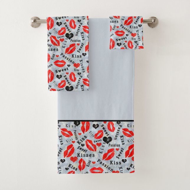 Hearts, red, black, Lip prints, kiss Bath Towel Set (Insitu)