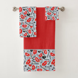 Hearts, red, black, Lip prints, kiss Bath Towel Set