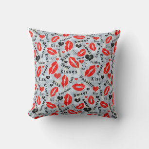 Hearts, red, black, Lip prints, kiss Cushion