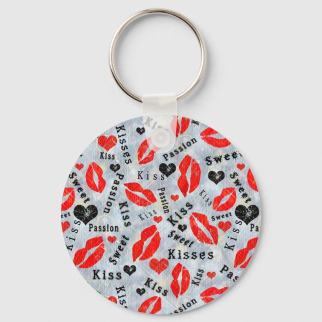 Hearts, red, black, Lip prints, kiss Key Ring (Front)