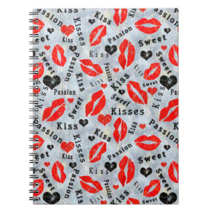Hearts, red, black, Lip prints, kiss Notebook