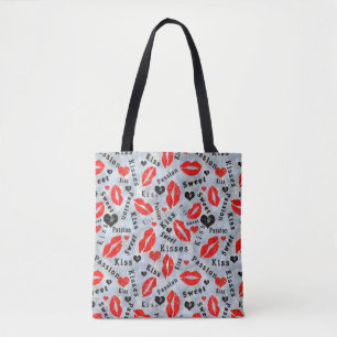 Hearts, red, black, Lip prints, kiss Tote Bag