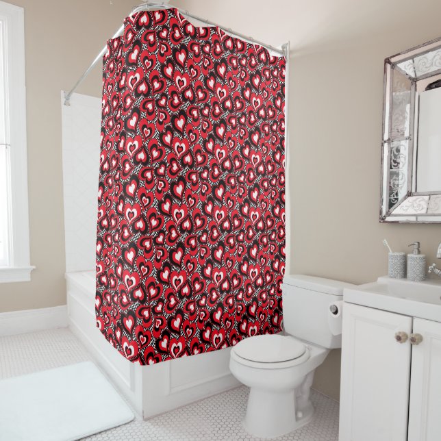 Hearts, red, black, white shower curtain (In Situ)