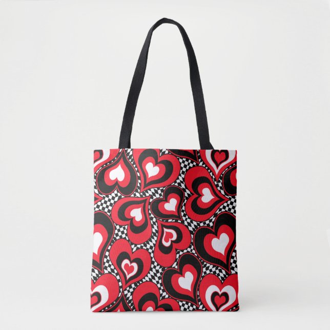 Hearts, red, black, white tote bag (Front)