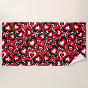 Hearts, red, black, white, Valentine's day . Beach Towel