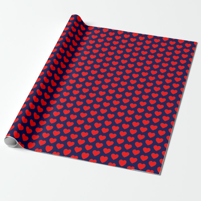 Hearts, Red on Navy Blue Wrapping Paper (Unrolled)