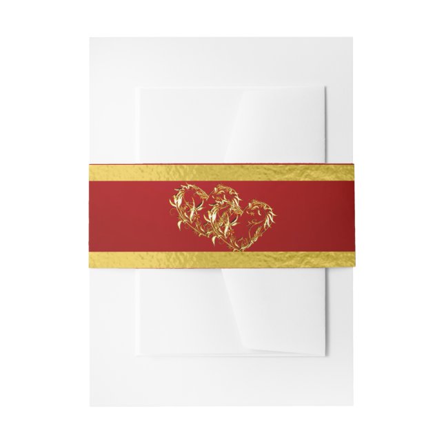 Hearts & Ribbon - Crimson/Gold Invitation Belly Band (Front Example)