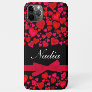 Hearts ribbon red hot pink & black name ipod case