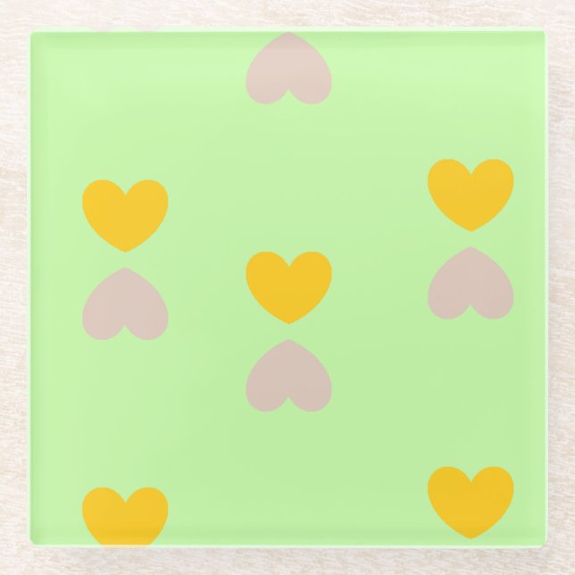Hearts shapes on light green glass coaster (Front)
