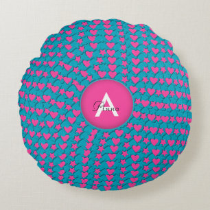 Hearts Stars Monogram Round Pillow, Pink-Blue Cushion
