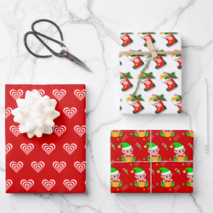 Hearts, Stockings and Christmas Elf on Red Wrapping Paper Sheet