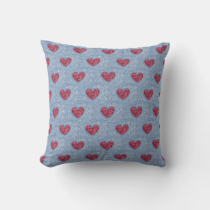 Hearts Sweetheart Red Pink Blue Faux Fuzzy Design Cushion