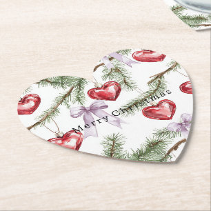 Hearts Trees Red Purple Bows Christmas Paper Coaster