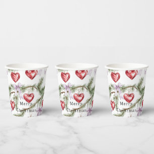 Hearts Trees Red Purple Bows Christmas Paper Cups