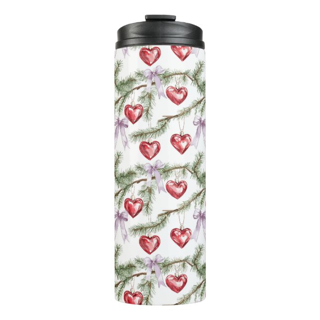 Hearts Trees Red Purple Bows Christmas Thermal Tumbler (Front)