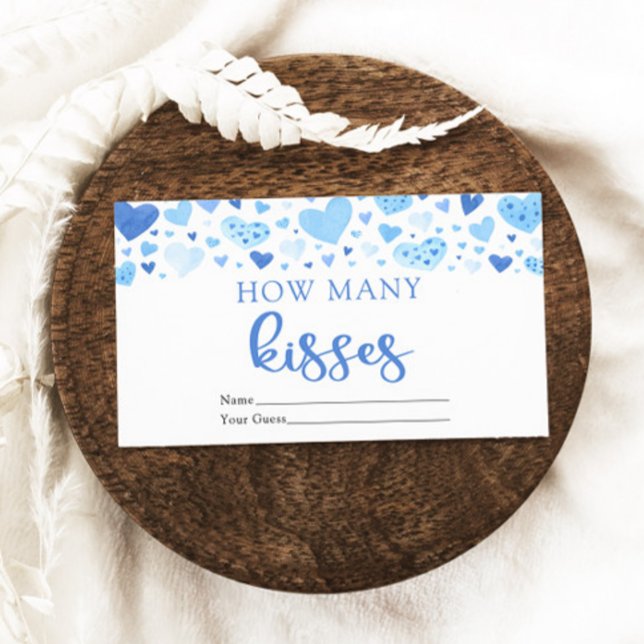 Hearts Valentine How Many Kisses Baby Shower Game Enclosure Card (Watercolor Cute Blue Hearts Valentine Sweetheart Baby Boy How Many Kisses Baby Shower Game Ticket)