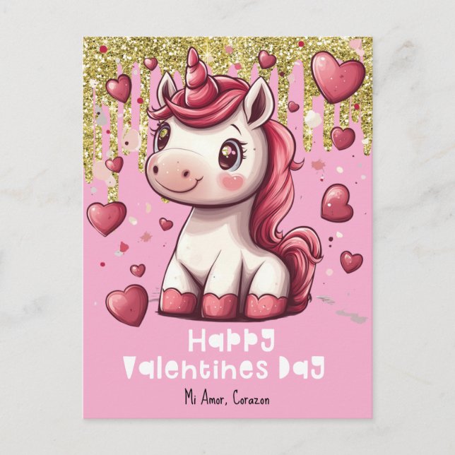 Hearts Valentines Day Unicorn Custom Name Postcard (Front)