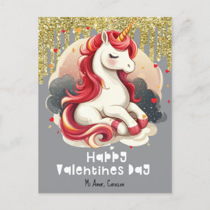 Hearts Valentines Day Unicorn Glitter Postcard